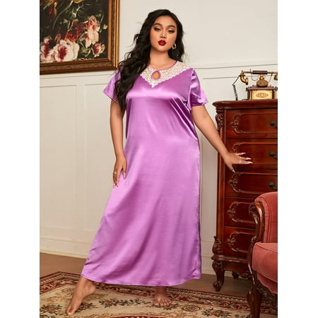 

Women s Plus Contrast Lace Keyhole Neckline Satin Night Dress 1XL(14) Purple Elegant F22001D
