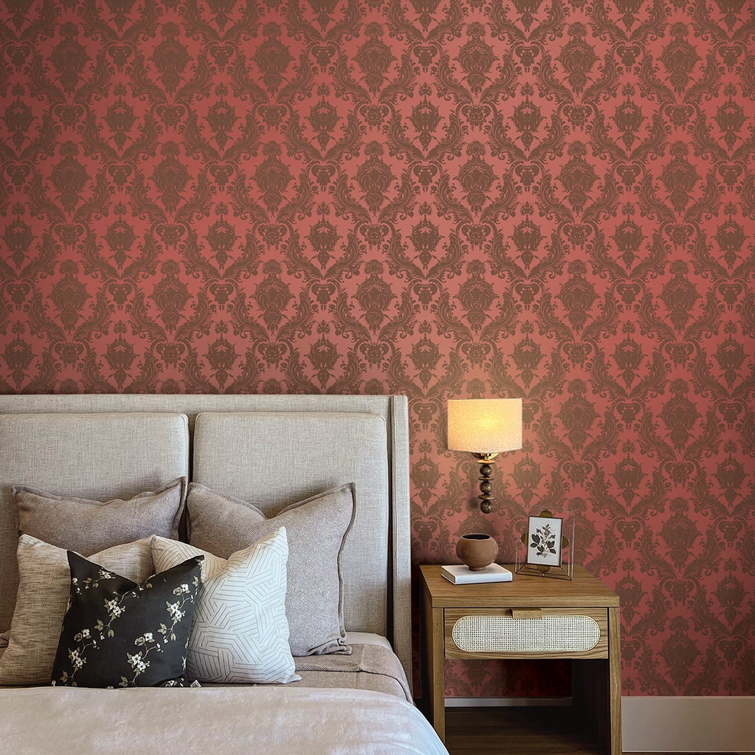 Tempaper Textured Damsel Metallic Red Peel and Stick Damask Wallpaper, 20.5" x 16.5'