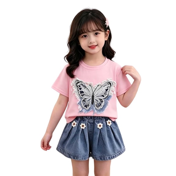Cethrio Girls Cotton Outfit Sets Size 6, Short Sleeve 2 Piece Printed T-shirts and Denim Shorts Sets Pink