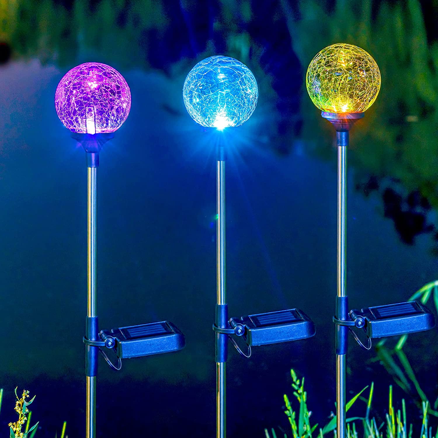 3 Pack Solar Garden Globe Lights Color Changing Cracked Glass Ball Waterproof Outdoor