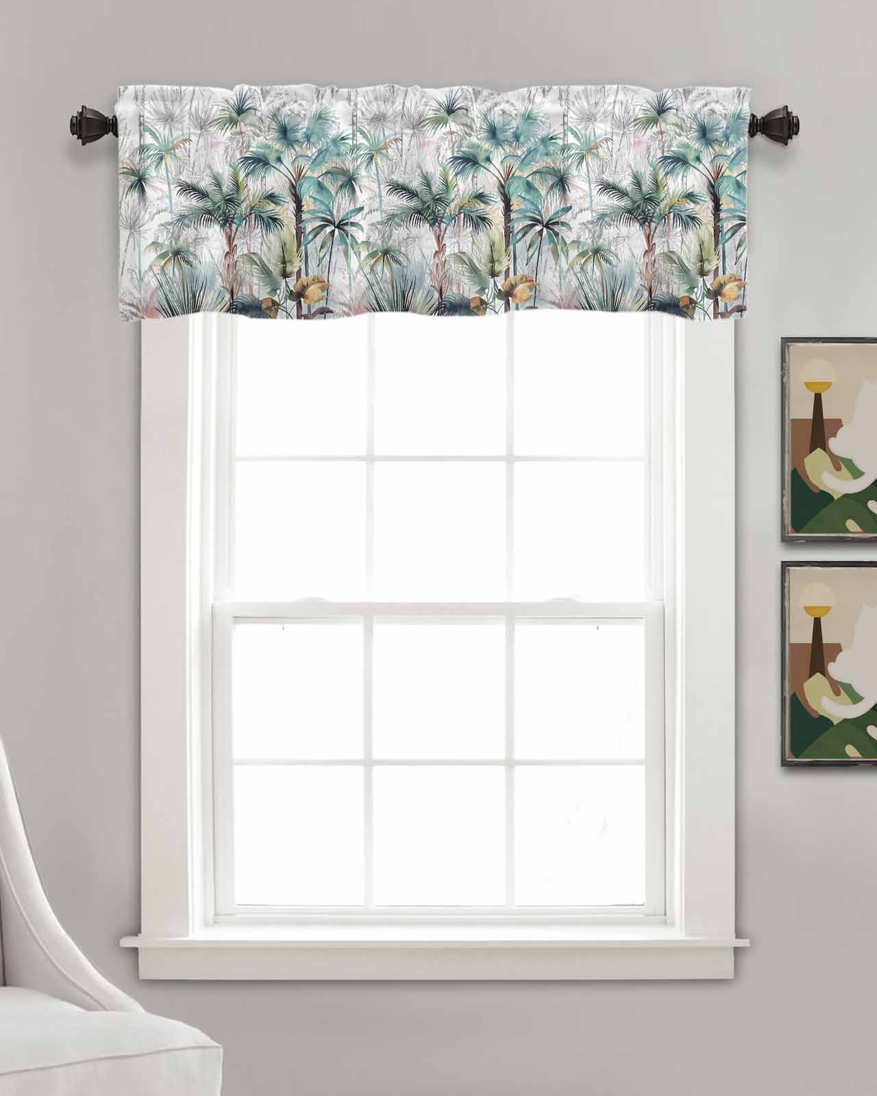 Teal Green Palm Tree Linen Curtain Valance for Bedroom/Bathroom/Kitchen/Living/Dining Room Window,Summer Tropical Coconut Plant Modern White Pocket Topper Drapes Decorative Cafe Drapery 60"x18"