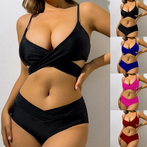 Jacenvly 2024 Bikinis for Juniors 2 Piece Soft Satiny Women's Solid Color Swimwear Two-Piece Slim Swimsuit Bikini Straped Swimsuits Multicolor Casual Beach Bikini Wrap Black
