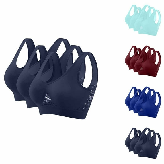 HomeDM 3 Pack Seamless Bras for Women Full Coverage Sports Bras Wireless Bralettes Comfort Widen Straps Mesh Breathable Smooth Pull On Bras - Navy/L