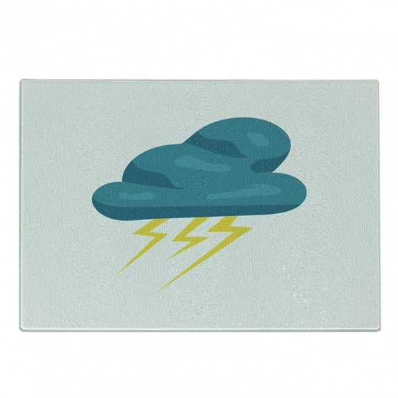 Teal and Yellow Cutting Board, Cloud with Thunderbolts Cartoon Style Meteorology Climate Theme, Decorative Tempered Glass Cutting and Serving Board, Small Size, Teal and Yellow, by Ambesonne