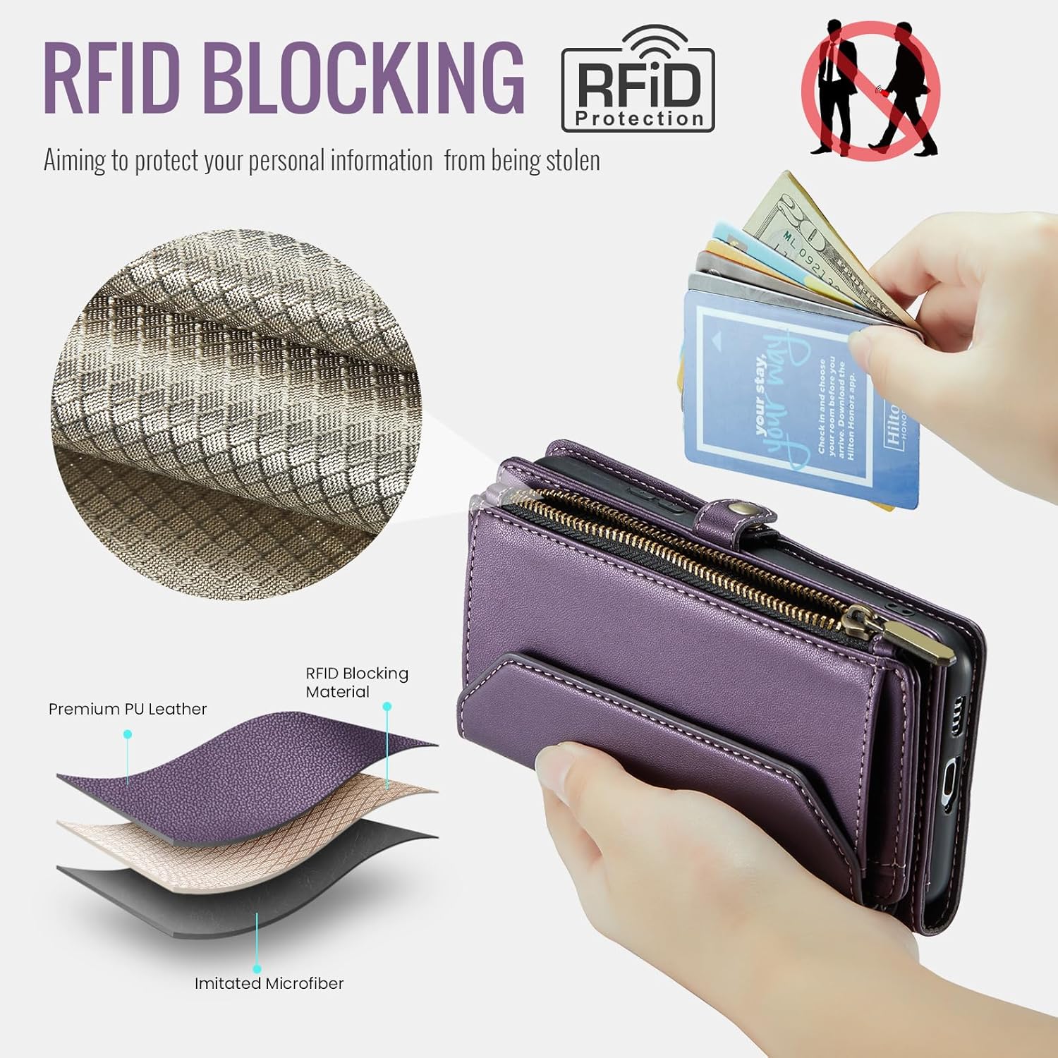 Phone Case for Samsung Galaxy S21 Ultra 5G Zipper Wallet Cover with Tempered Glass Screen Protector and Flip RFID Blocking Cash Card Holder Cell S21ultra 21S S 21 21ultra G5 Women Girls Purple