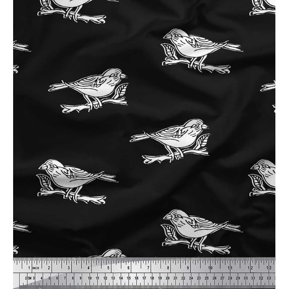 Soimoi Crepe Silk Fabric Branch & Bird Block Fabric Prints by Yard 42 Inch Wide