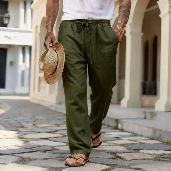 Domuza Men's Cotton Linen Pants Elastic Waist Drawstring Casual Trouser Lightweight Straight-Legs Loose Beach Yoga Pants Army Green XL