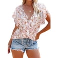 thumbnail image 1 of Blusa estampada con botones para mujer, manga corta, cuello en V, blusa informal con estampado elegante para el trabajo, fiesta diaria, 1 of 6