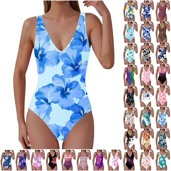 Horkkom One Piece Swimsuit Women Summer V Neck Beach Bathing Suit Full Coverage Slimming Floral Print Swimwear L