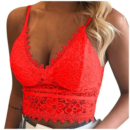

DORKASM Lace V Neck Bralettes for Women Bandeau Padded Everyday Wireless Bra with Strap Red XL