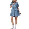 thumbnail image 2 of INSPIRE CHIC Women's Short Sleeve Button Down Collared Denim Babydoll Mini Dress S Light Blue, 2 of 6