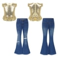 thumbnail image 5 of dPois Kids Girls Clothes Sequins Mermaid Flutter Sleeve Shirt Top with Flare Leg Jeans Pants Set 2Pcs Gold 6, 5 of 6
