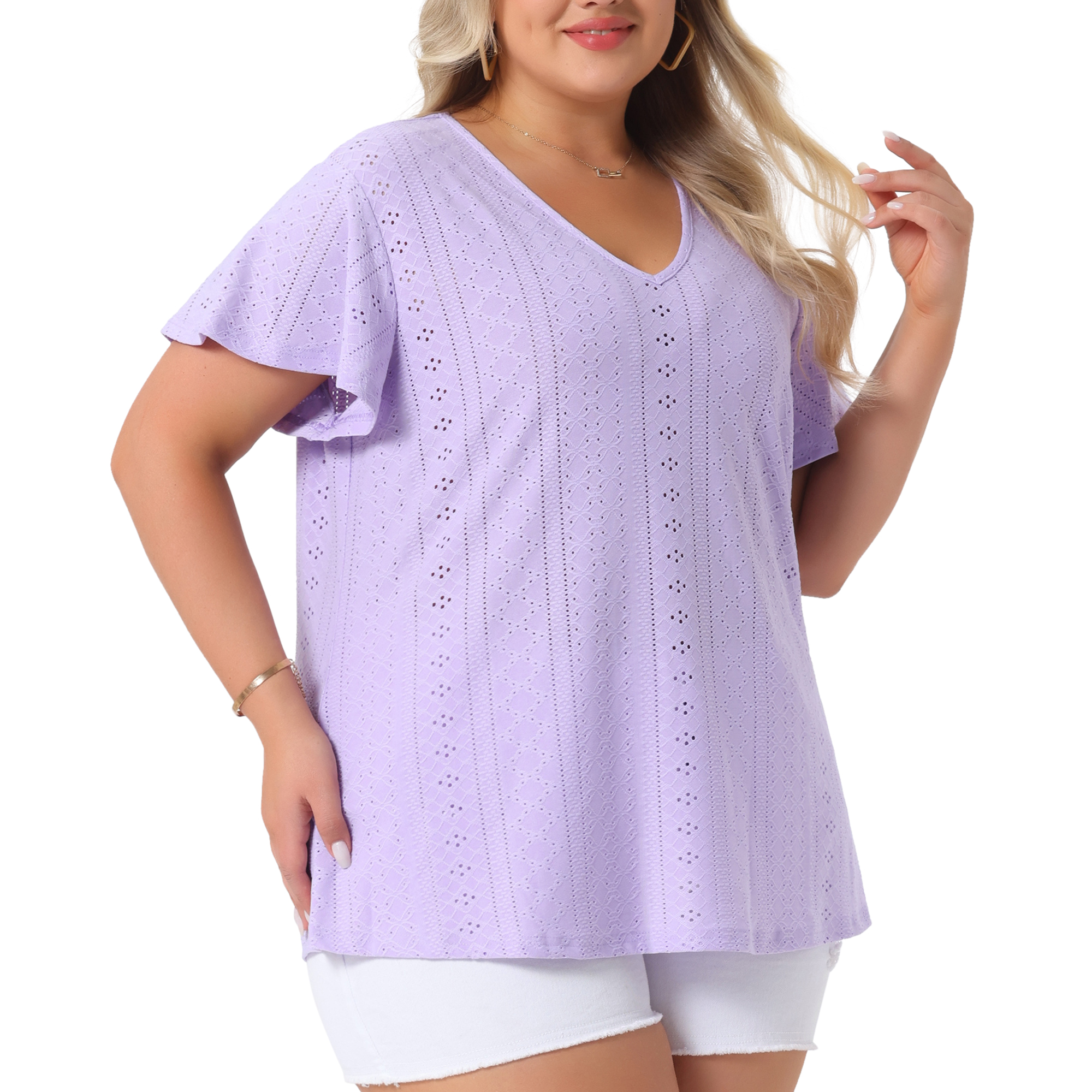 DARING DIVA Women's Plus V Neck Hollow Flare Short Sleeve Top 3X Light Purple