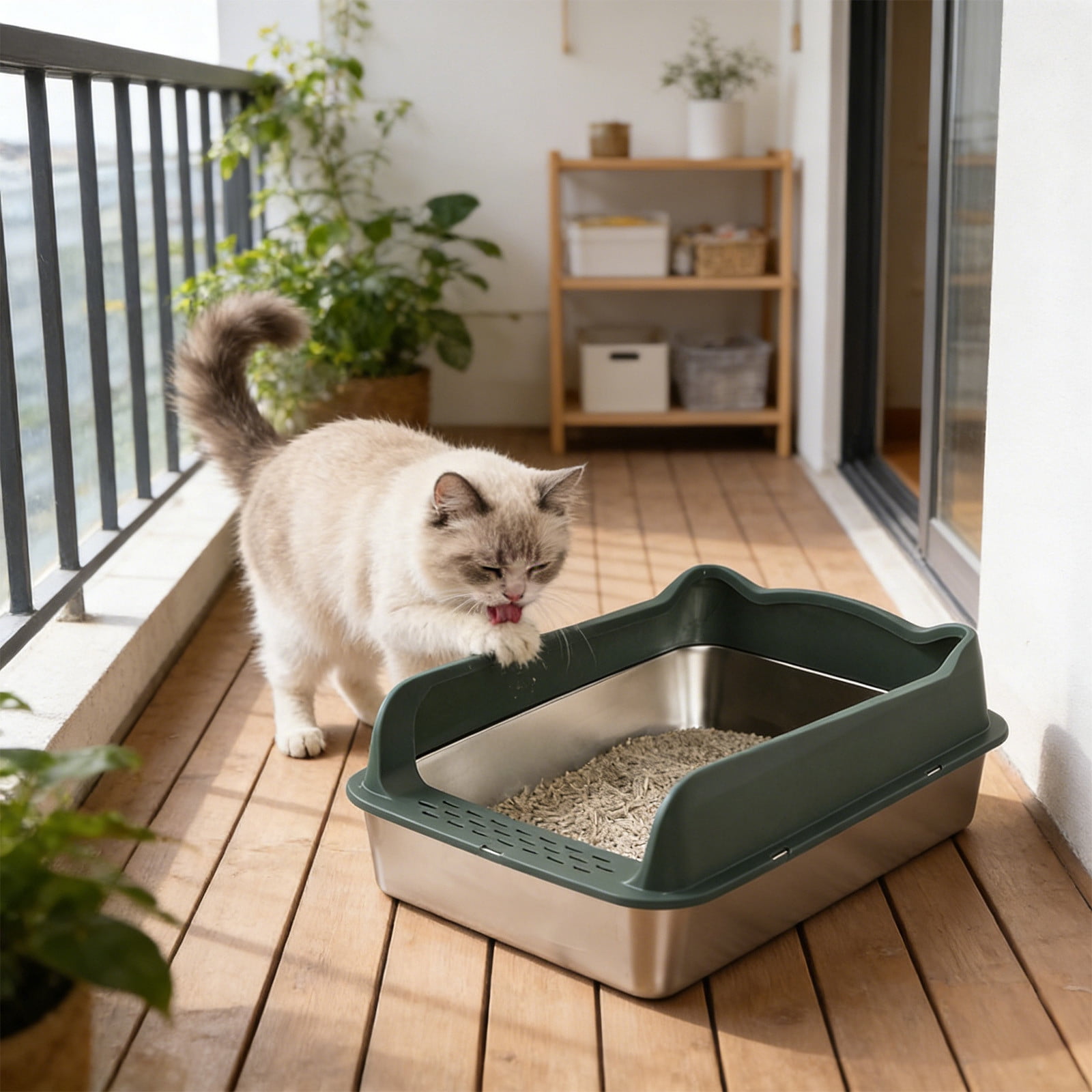 Stainless Steel Litter Box with High Sides, Open Top Extra Large Metal Cat Litter Box, Non-Stick, Odor Free, Leakproof, Scoop Included, 16" x 12" (Green)
