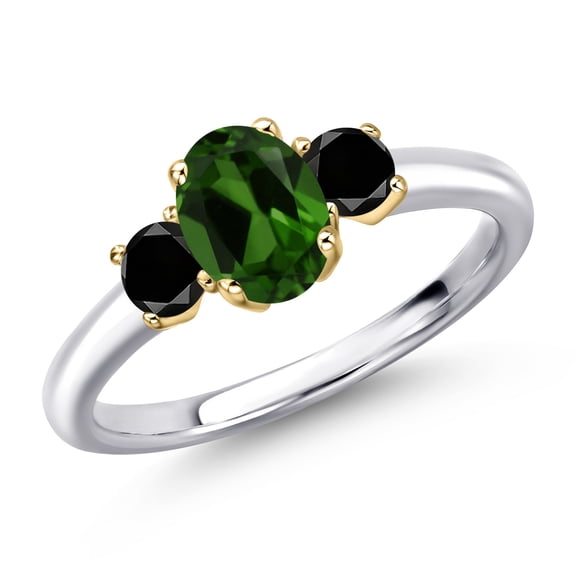 Gem Stone King 10K Two Tone Gold Green Chrome Diopside and Black Diamond Engagement Ring for Women | 1.04 Cttw | Oval 7X5MM | Gemstone Birthstone | Size 9