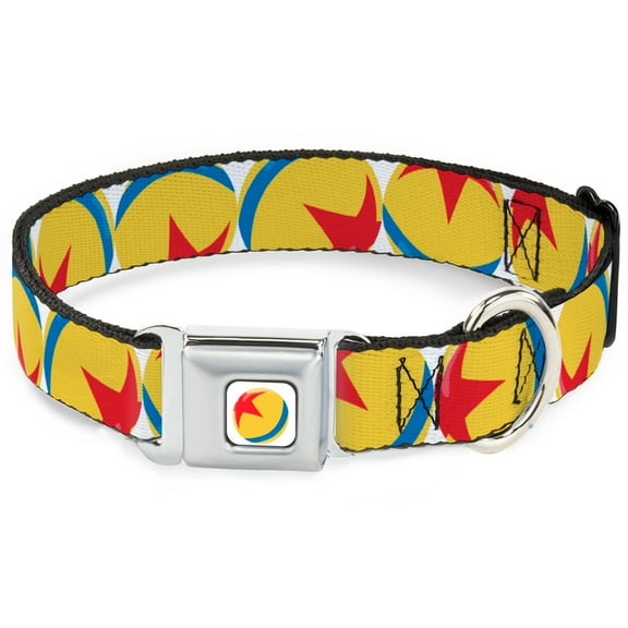 Disney Pet Collar, Dog Collar Metal Seatbelt Buckle, Disney Pixar Luxo Ball Repeat White Yellow Blue Red, 9.5 to 13 Inches 1.0 Inch Wide