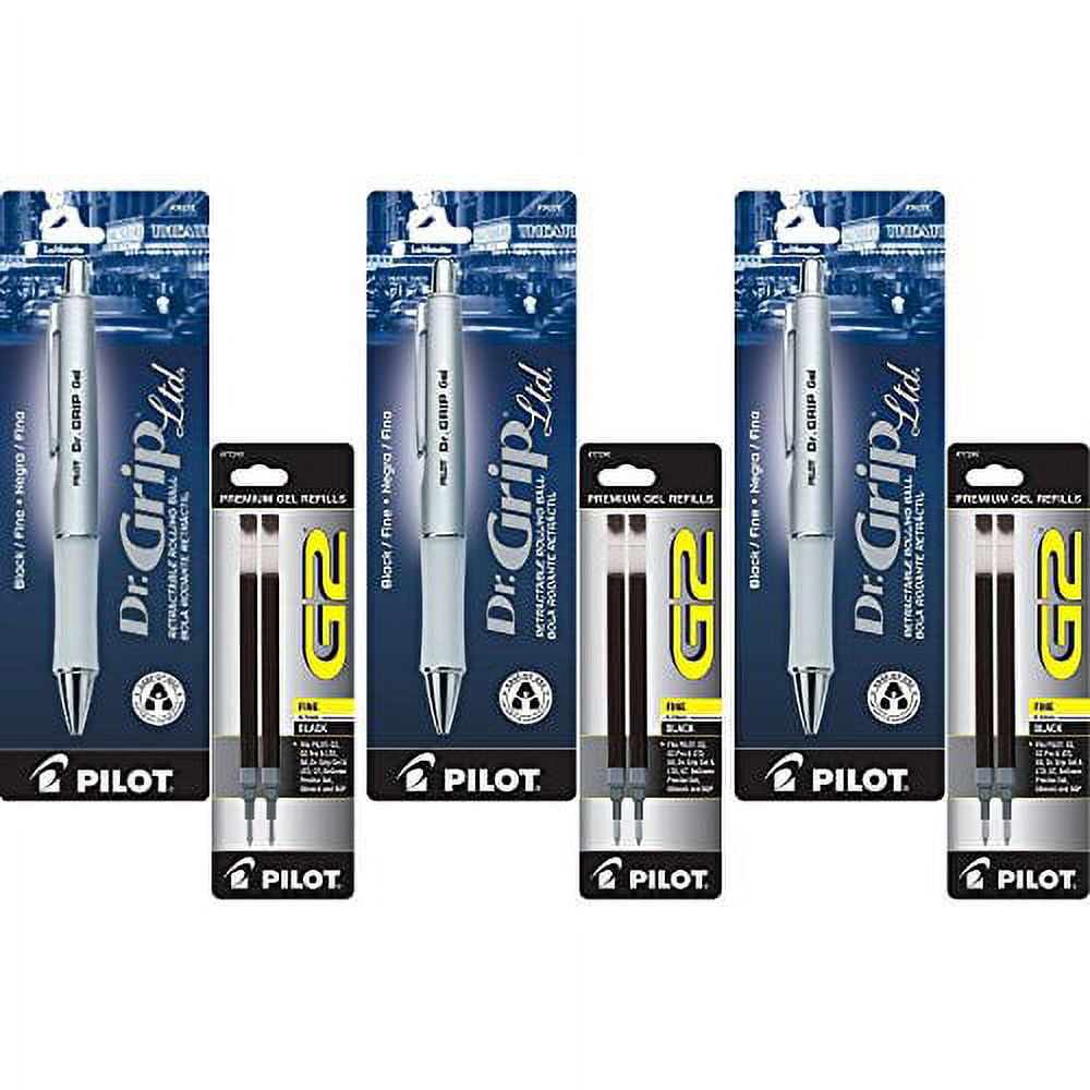 Pilot Dr. Grip Limited Retractable Rolling Ball Gel Pen, Fine Point, Platinum Metallic Barrel, Black Ink 3 Pen (36272) with 6 Black Ink Refill