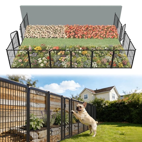FXW Garden Fence Outdoor for The Yard – 24in(H) x 30.4ft(L) Heavy Duty Metal Animal Barrier for Dog and Rabbit, Decorative Dog Fence, 16 Panels, Black