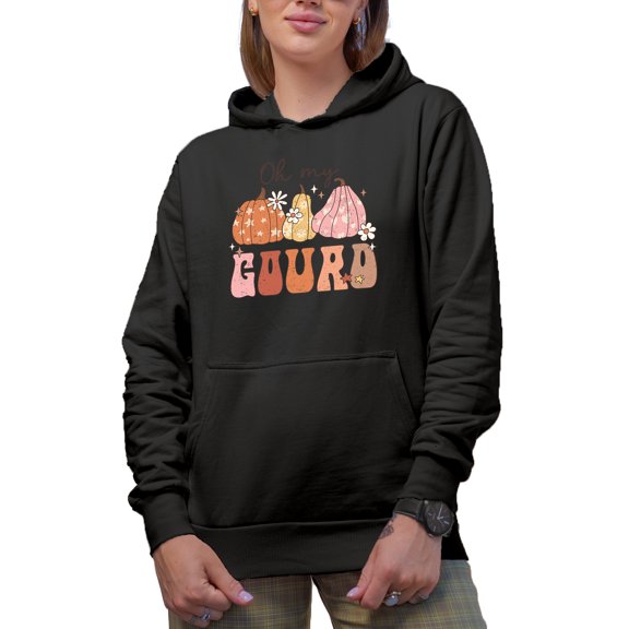 Distressed Oh My Gourd, Fall or Autumn Pun & Gourds Art Merch Gift, Black Hooded Sweatshirt or Hoodie, Small