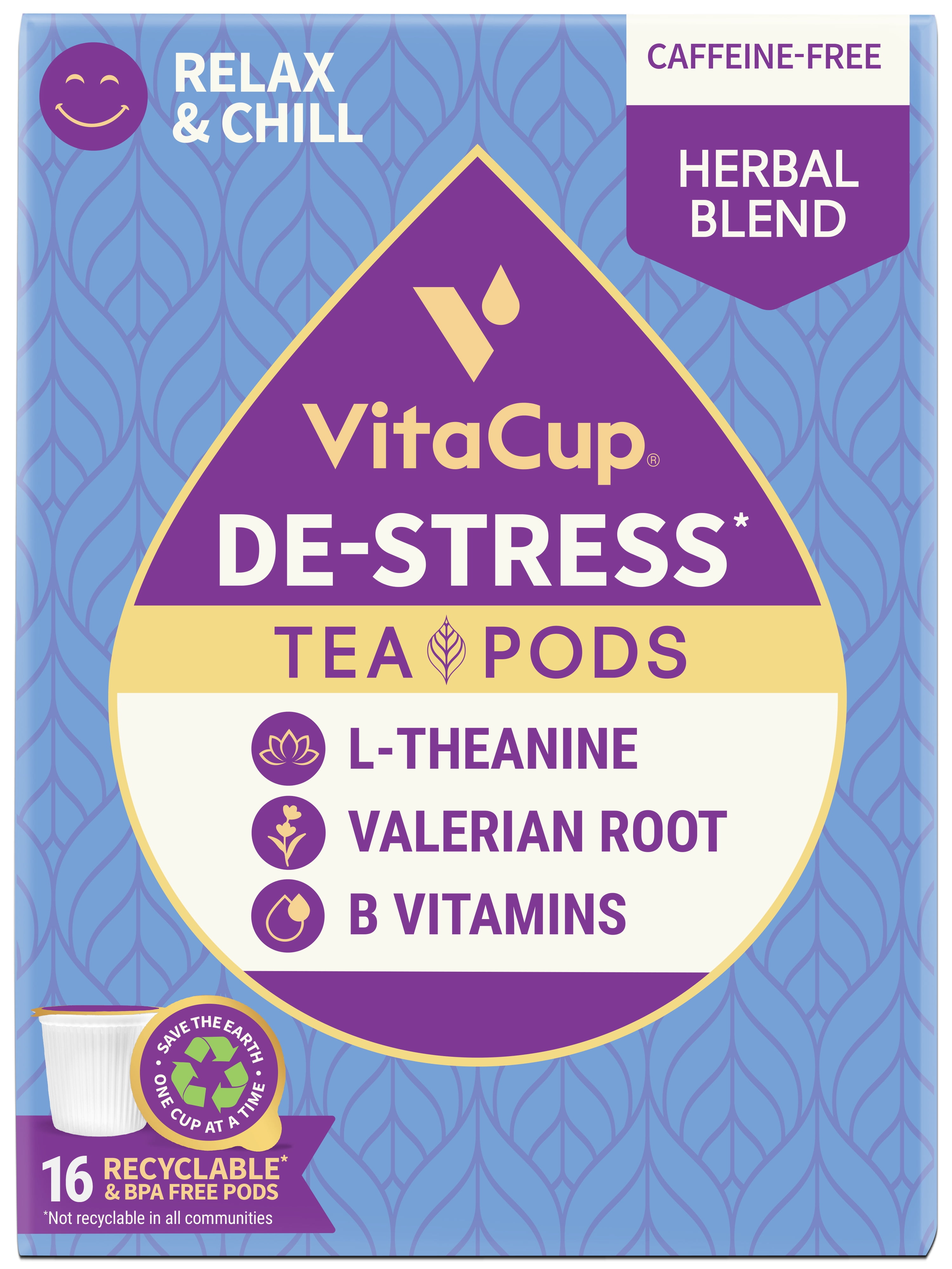 VitaCup DeStress Herbal Tea Pods 16 Ct | Relax & Chill | L-Theanine, Valerian Root & Vitamins B1, B5, B6, B9, B12 | Compatible with K-Cup Single Serve Brewers Including Keurig 2.0
