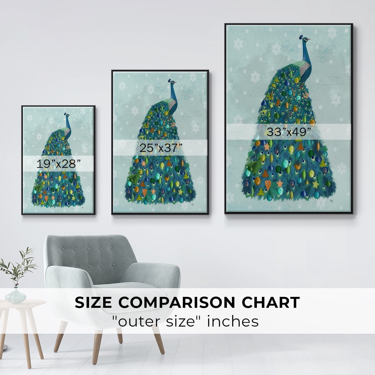 Christmas Peacock Christmas Tree - Framed Gallery Wrapped Holiday Canvas - 25 x 37 - Black Frame