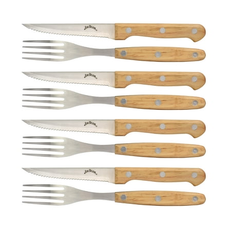 Jim Beam Set of 8 Steak Knives and Forks - Ideal for Steak, Chicken, Pork and more - Steak Knives and Forks made of Stainless Steel Blade and Contoured Wood (Best Knife For Chicken)