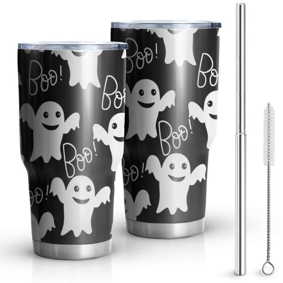 30oz Smiling Ghosts Halloween Pattern Tumblers Stainless Steel Tumbler with Lid and Straw,Vacuum Insulated Double Wall Travel Tumbler Cups Mug with Cleaning Brush for Coffee,Tea
