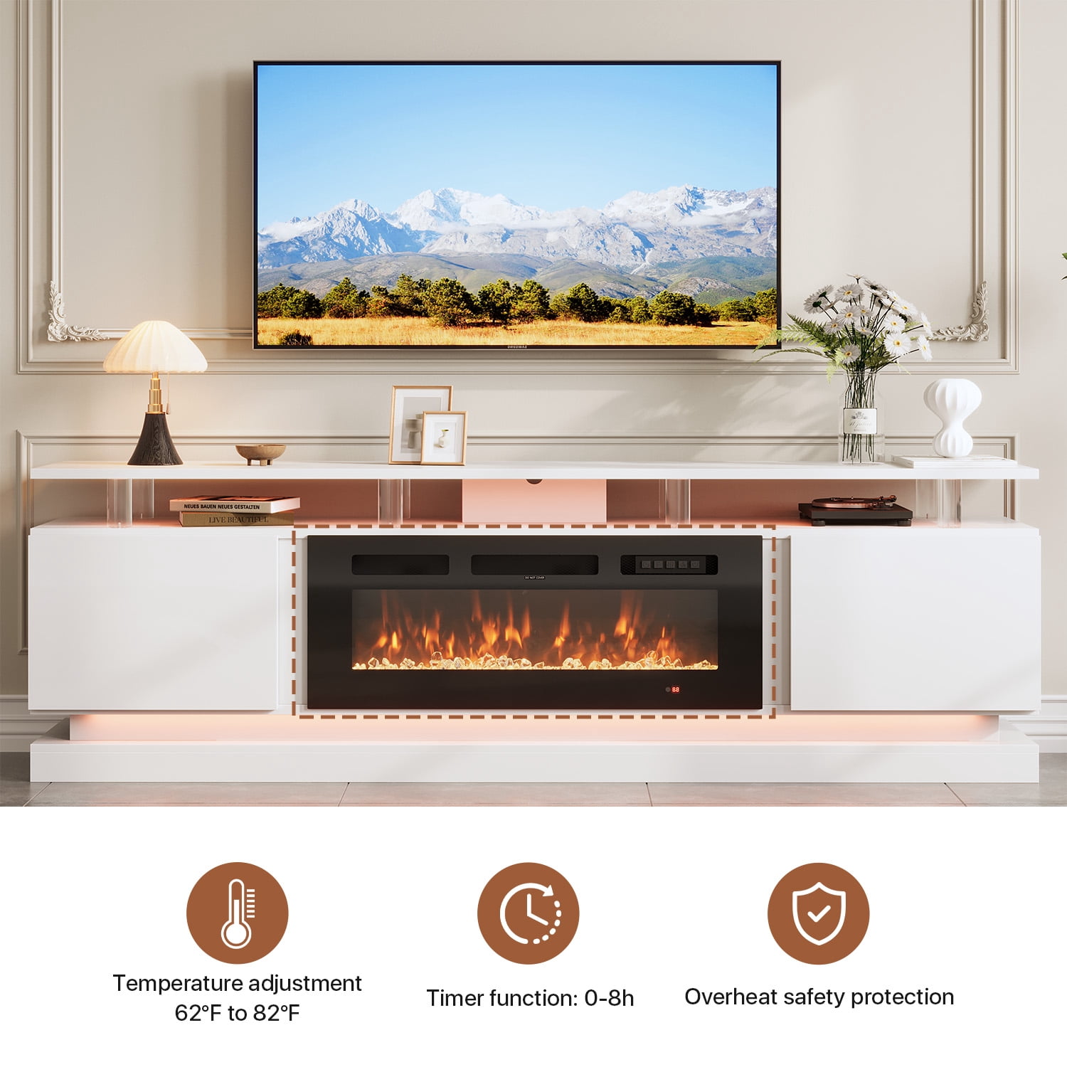 BaPiPro 80" Fireplace TV Stand with Storage, Modern Entertainment Center for TVs Up to 90", White TV Console with 36" Electric Fireplace & LED Lights, White
