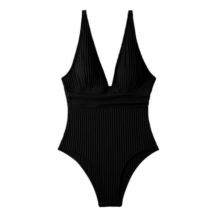 Wiueurtly One Piece Swimsuit Women Solid Color Bikini Strap Split Women s Multicolor Beachwear Bathing Suit High Waisted Swimsuits Black