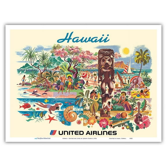 Hawaii - United Airlines - Vintage Airline Travel Poster by Joseph Fehér c.1956 - Master Art Print (Unframed) 9in x 12in