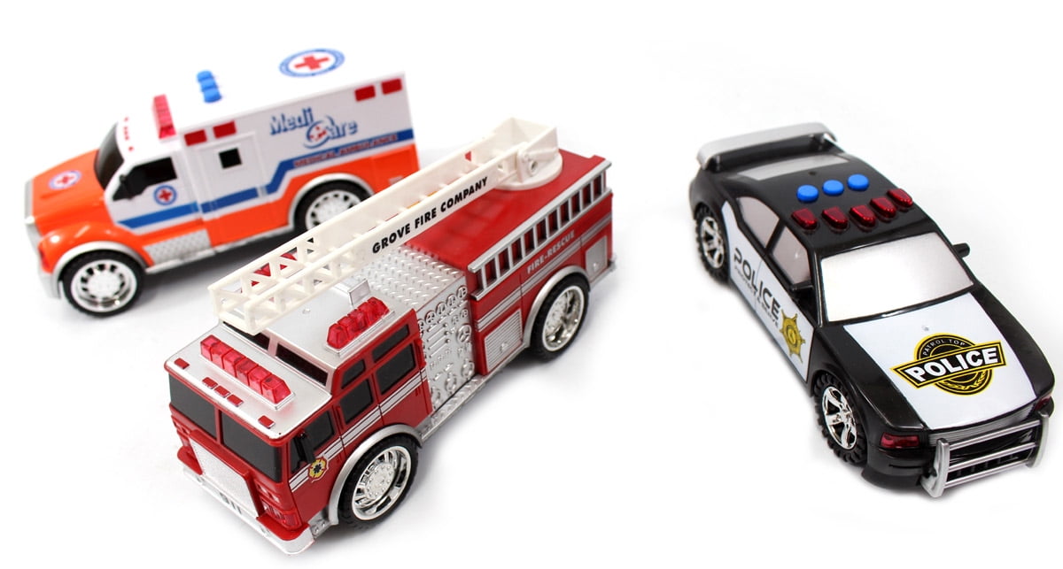 Speed Racers 3-in-1 Emergency Vehicle Toy PlaySet For Kids, Fire Truck, Police Car & Ambulance - Multicolor