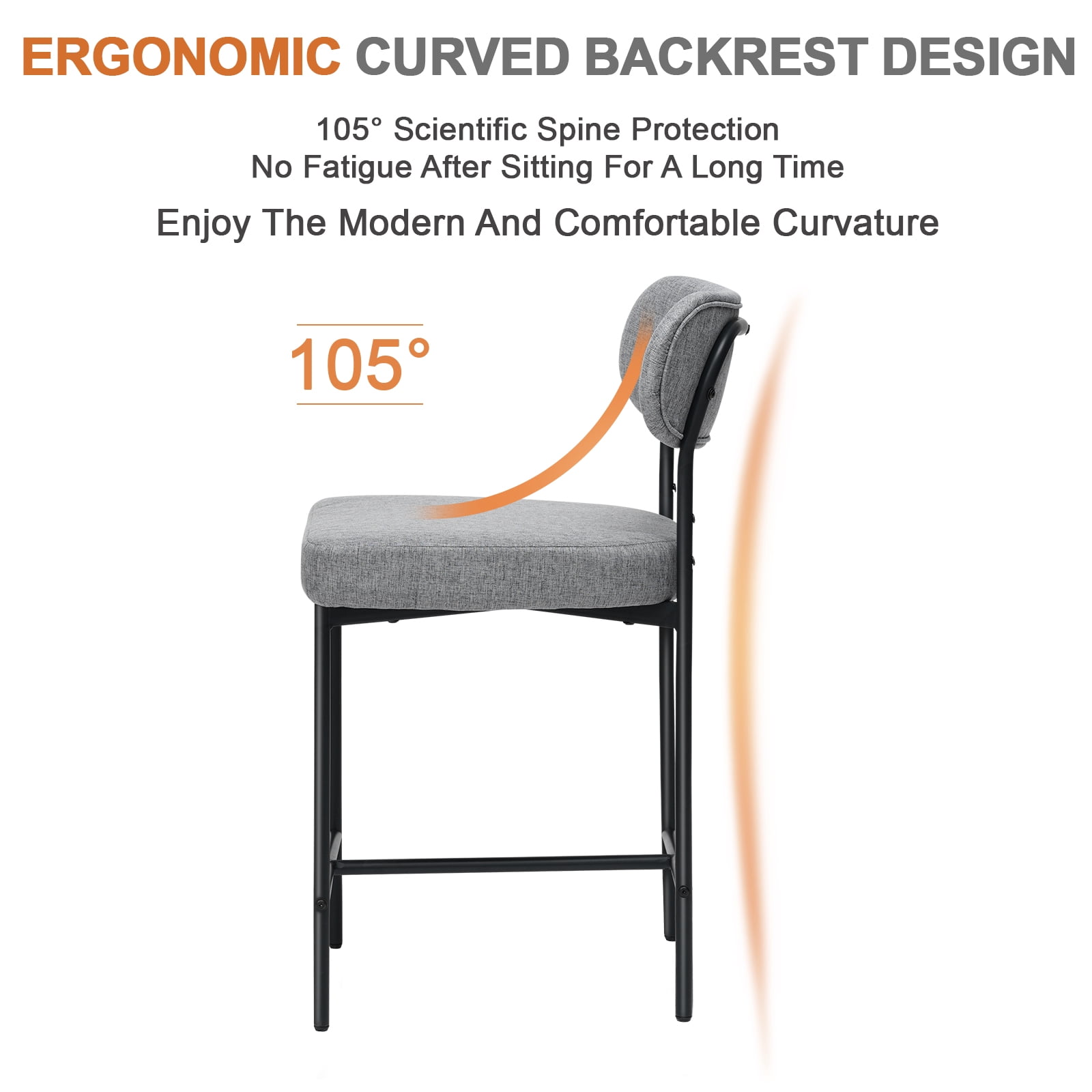 Hommpa Bar Stools Chairs Set of 2, 24" Gray Fabric Kitchen Counter Stools with Curved Back and Footrest, Fabric Counter Height Bar Chair for Kitchen Island