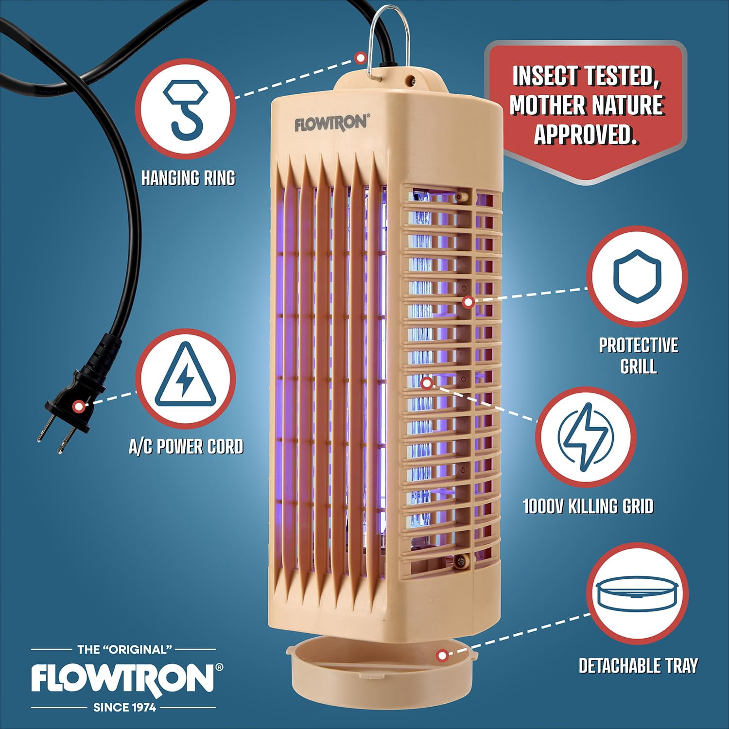 Flowtron Indoor Bug Zapper 1000V UV Light Mosquito & Fly Trap Plug-In for Home 215 Sq Ft - Beige