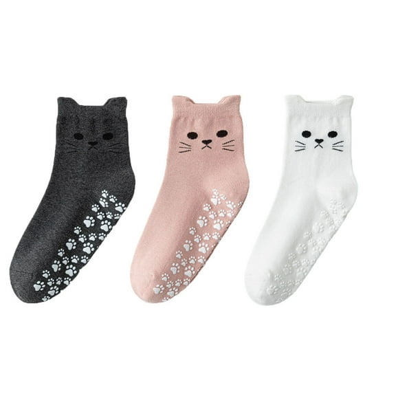 Women's Cat Face Grip Socks with Paw Print Anti-Slip Sole Soft Knit Ankle Socks for Home or Yoga 3-Pack - One Size Fits Most, Multicolor 3