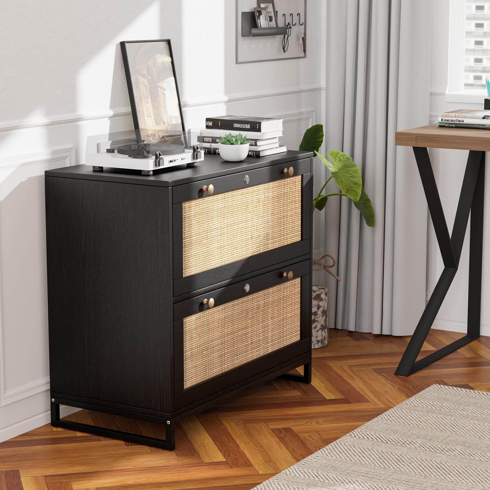 Ktaxon Rattan 2 Drawer Lateral File Cabinet with Lock, Wood Locking File Cabinets for Home Office, Black