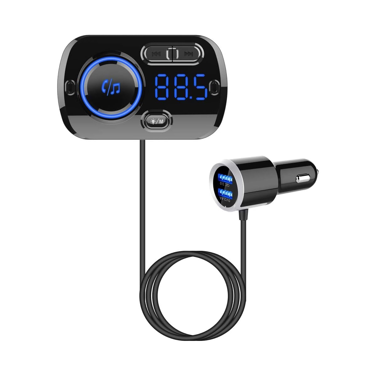 Wrong Duck Bluetooth FM Transmitter for Car, Wireless Radio Adapter with Dual USB Charger, QC3.0 Fast Charging, Hands-Free Calling, TF Card & AUX Support, 7 LED Light Modes