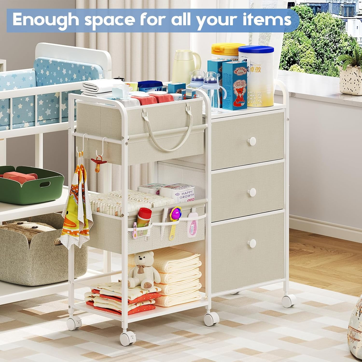 X-COSRACK 2-in-1 Baby Diaper Caddy Organizer, 3-Tier Heavy Duty Rolling Nursery Cart with Removable Basket & Drawers, Mobile Utility Storage Cart for Changing Table, Crib & Bedroom