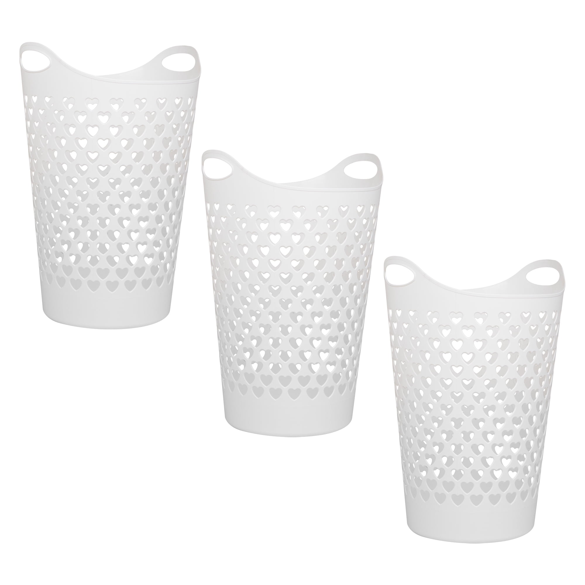 Mind Reader 71L Flexi Laundry Hamper 3 Pack with Heart Cutouts Lightweight Ventilated Clothes Baskets for Bedroom Bathroom White