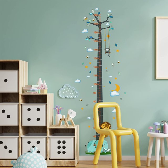 Height Measurement Growth Chart Wall Stickers, Cartoon Animals Monkey Elephant Height Measure Decals, Moon Hanging Ruler Decor, Removable Height Tree DIY Art Murals for Kids Bedroom Baby Nursery