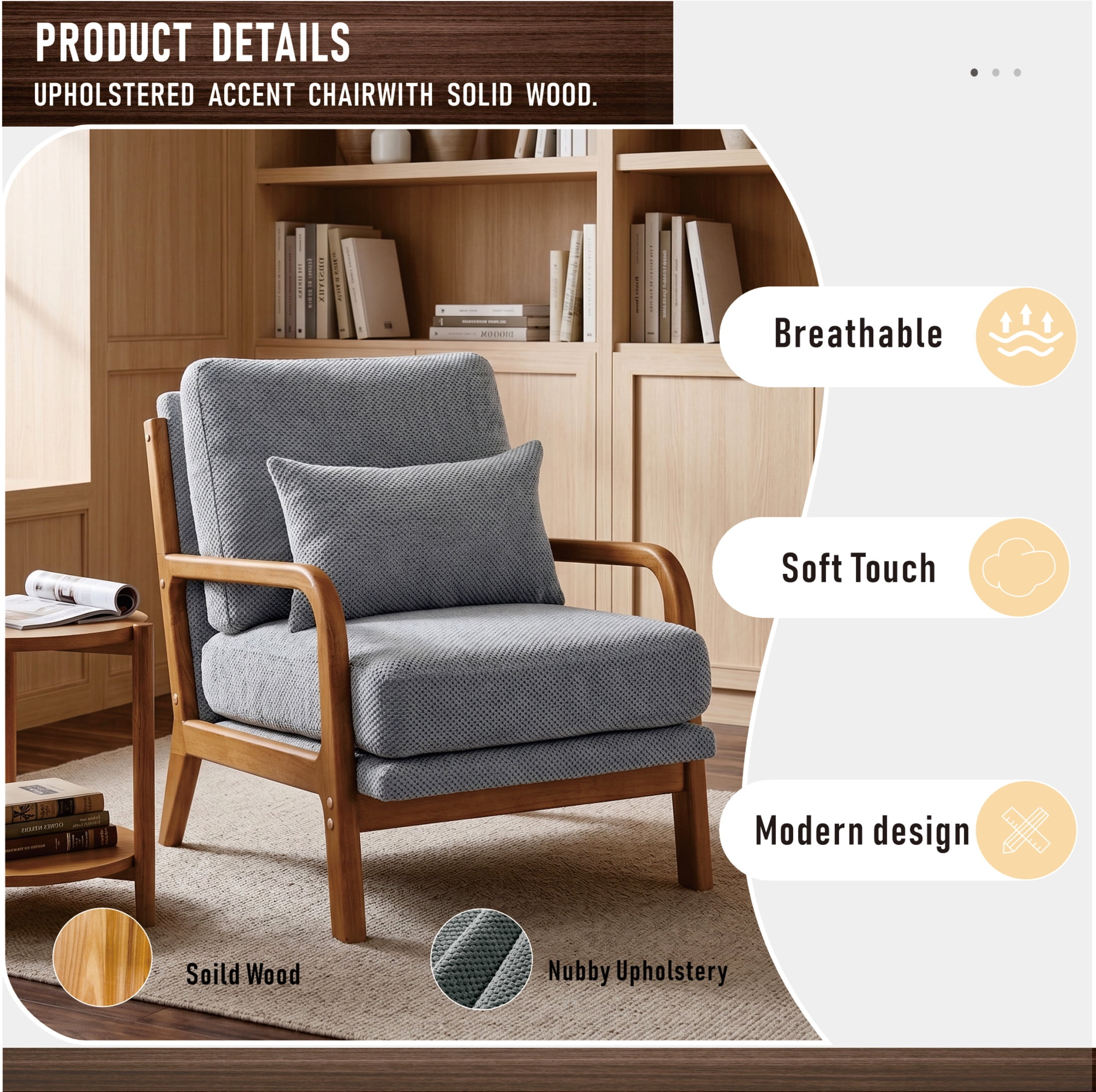 Noble House Mid-Century Modern Lounge Chair, Upholstered Accent Armchair with Solid Wood Frame, Light Gray