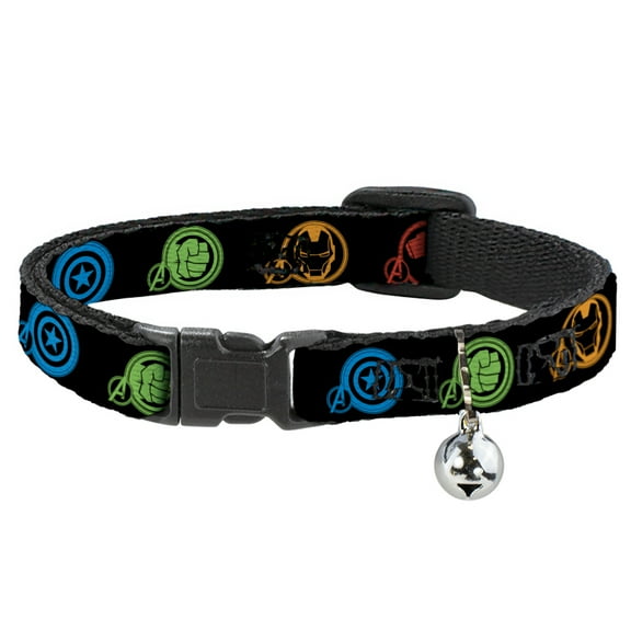 Marvel Comics Breakaway Cat Collar With Bell, Plastic Clip, Easy Adjustable, Marvel Avengers Superhero Logos Black Multi Color, 8.5 to 12 Inches 0.5 Inch Wide