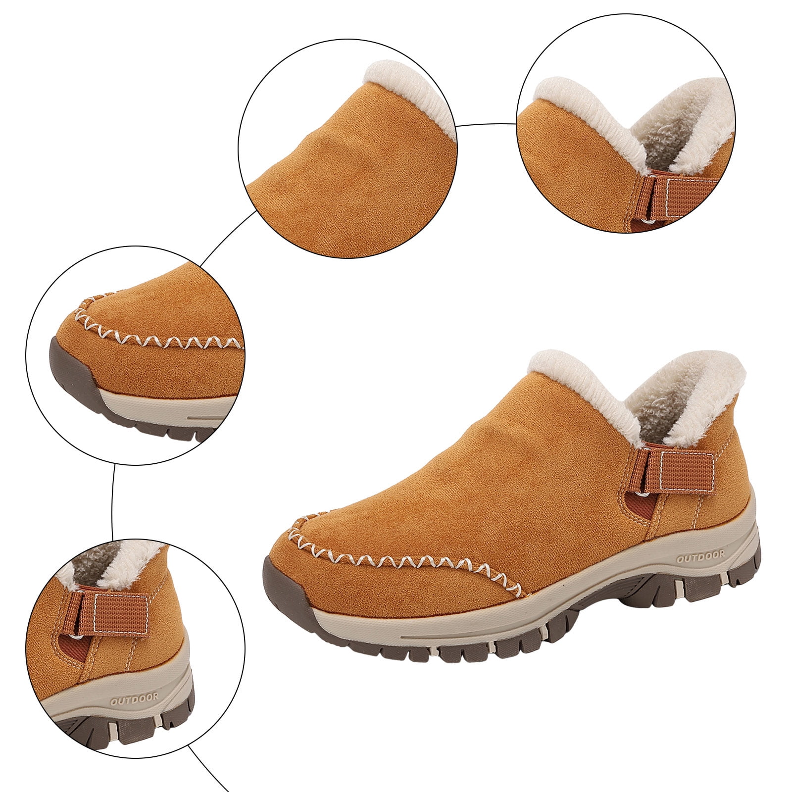 Dakaela Womens Winter Snow Boots Fleece Lined Hiking Slip on Loafers Sneakers Outdoor Plush Short Booties Shoes Brown 6.5