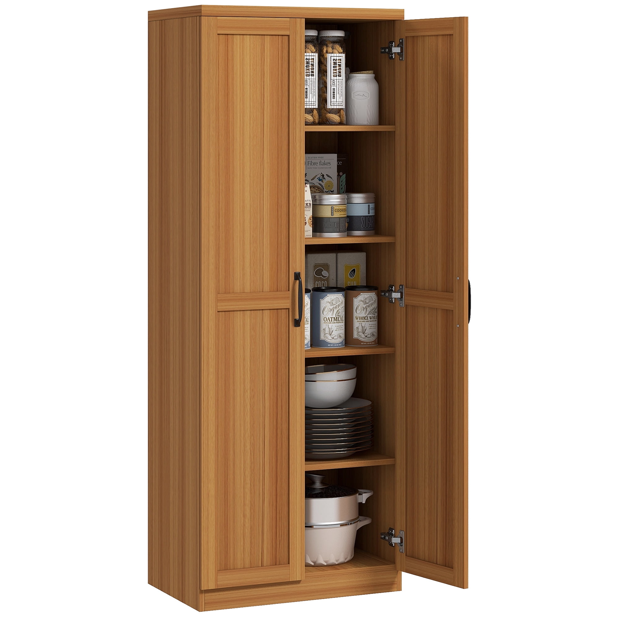 HOMCOM Kitchen Pantry, Freestanding 5-tier Storage Cabinet with 2 Adjustable Shelves for Dining Room, Living Room, Teak Wood Grain