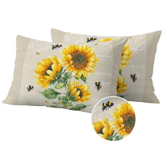 Sunflowers Outdoor Pillow Covers 20x12 Set of 2,Waterproof Patio Throw Pillowcase Protectors,Farmhouse Botanical Yellow Flowers Bee Retro Lumbar Decorative Pillow Shams Cushion Covers for Bed Couch