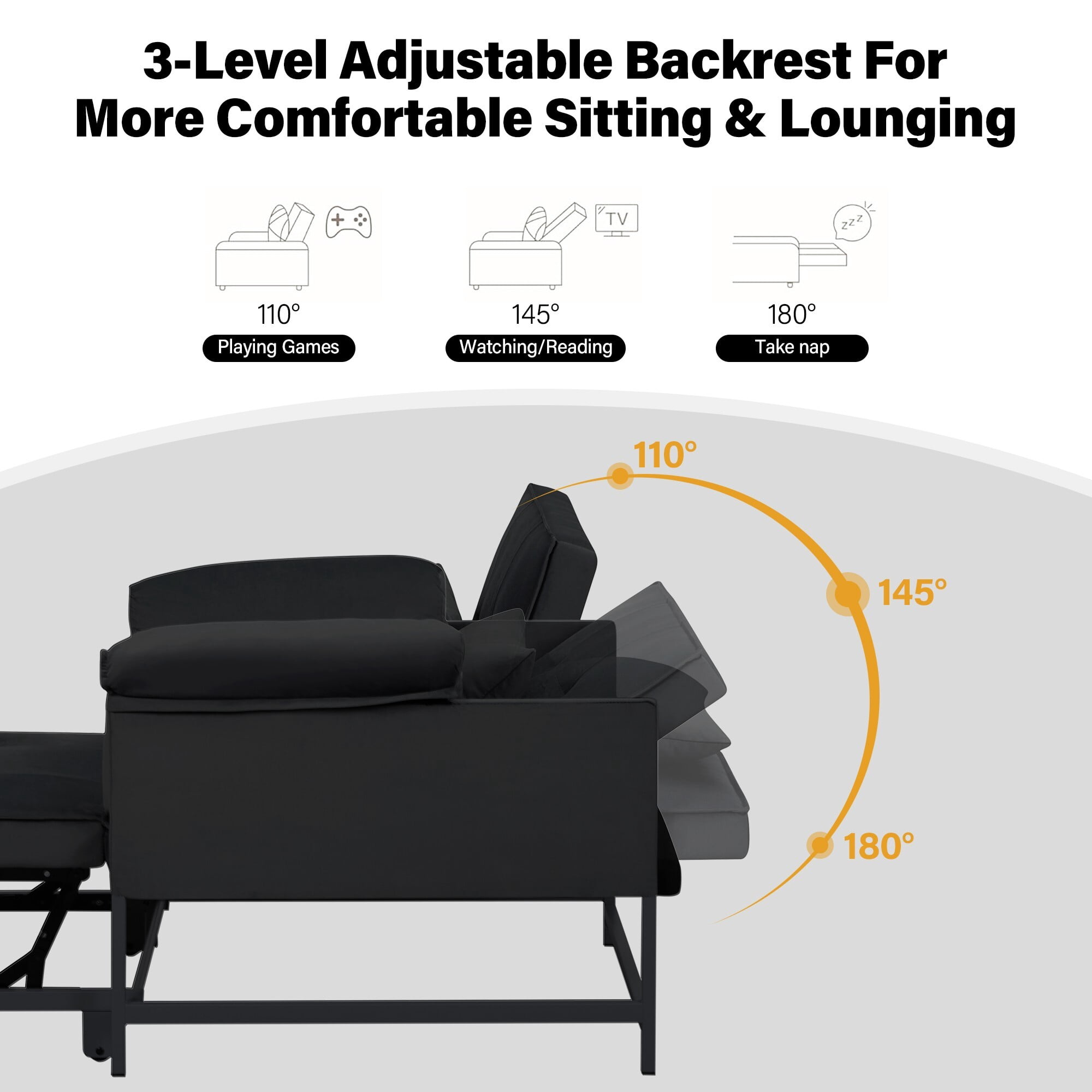 AENKYO 3-in-1 Convertible Sleeper Chair Bed with Adjustable Backrest, Velvet Chaise Lounge Sofa for Small Spaces, Black