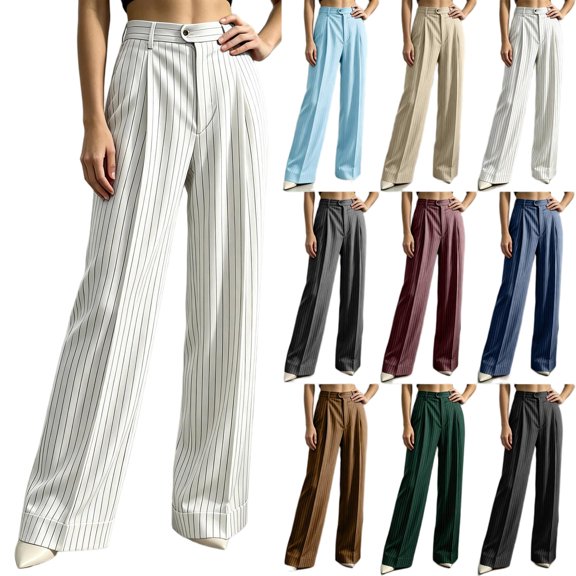 Tqcoqu Womens High Waisted Wide Leg Casual Stripe Trousers, Stretch Business Dressy Office Pinstripe Slacks