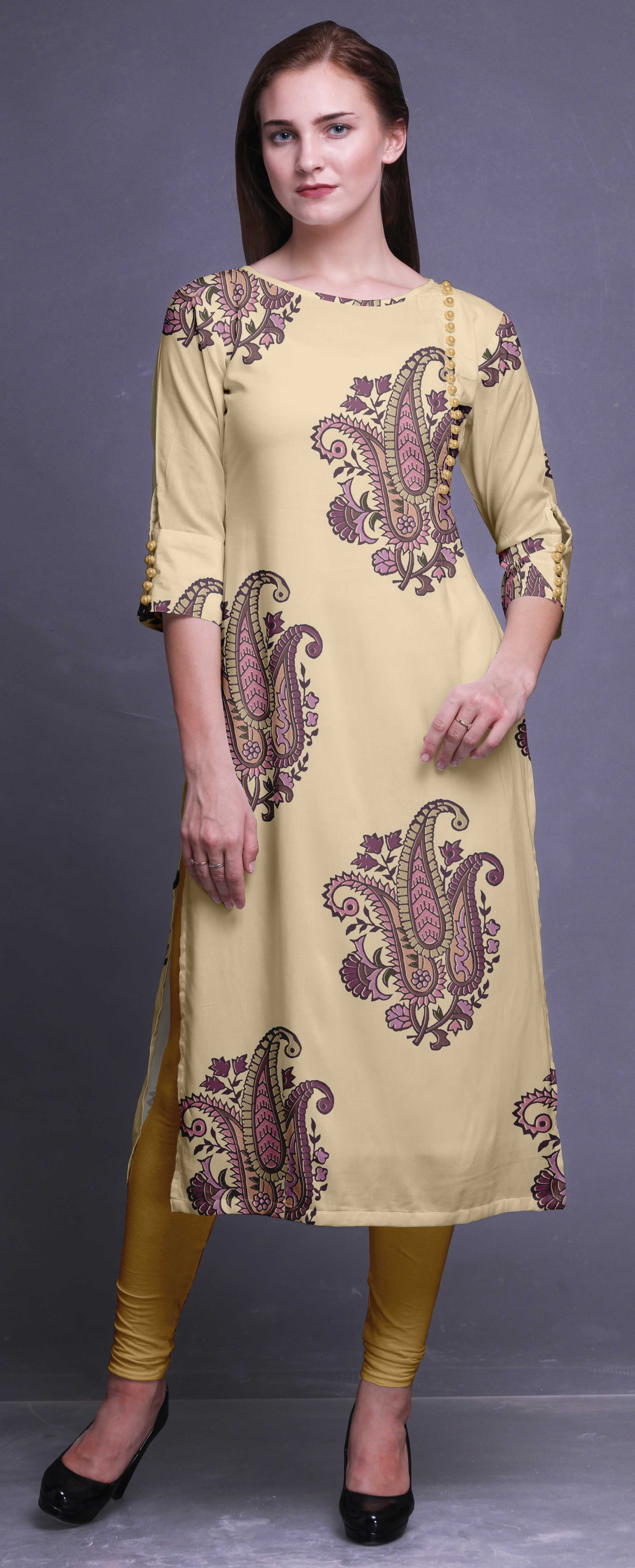 Bimba Women's Printed Rayon Kurta - 3/4 Sleeve Straight Tunic For Summer & Spring