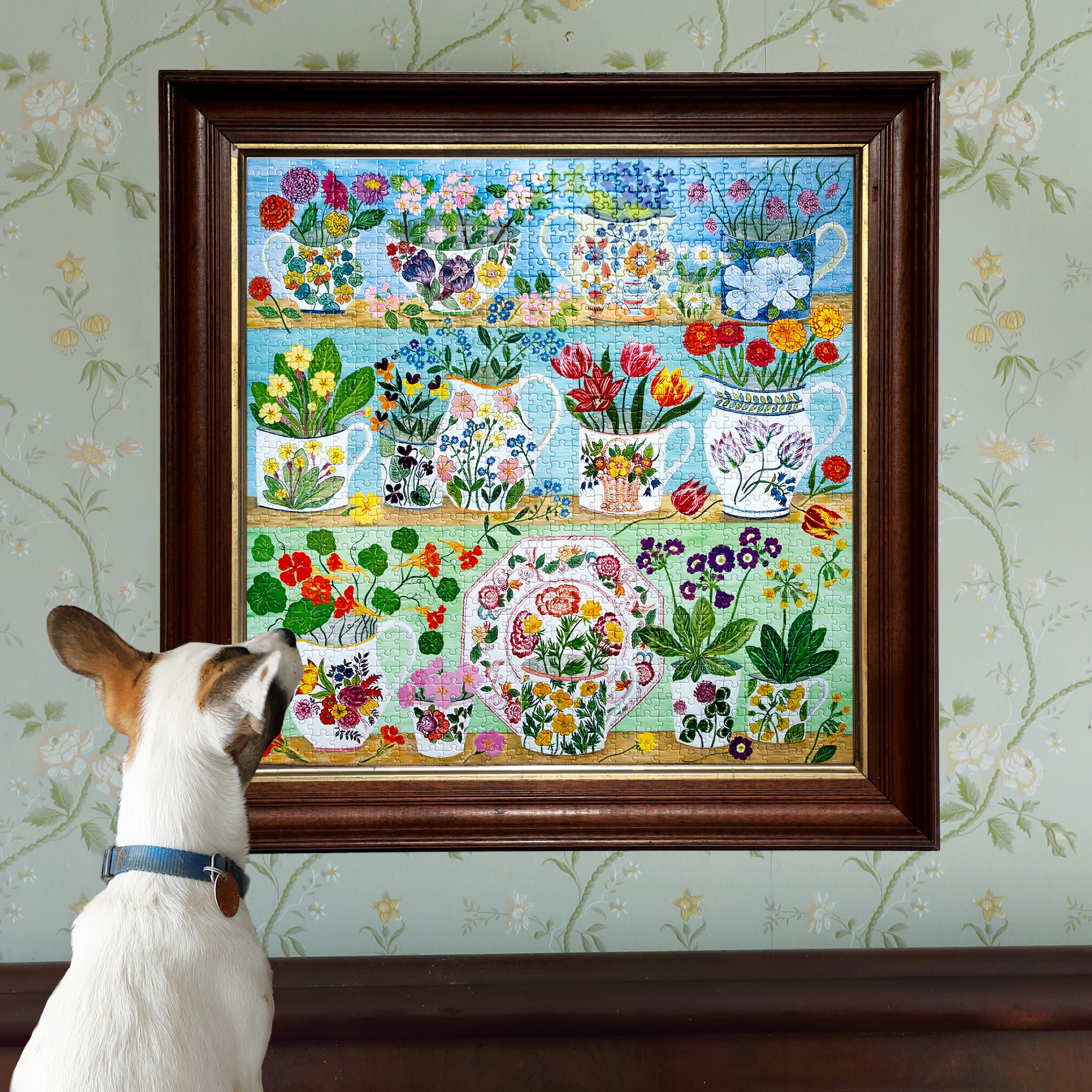 eeBoo Piece & Love: Floral Cupboard - 1000 Piece Puzzle - 23" Square Adult Jigsaw, Debbie George's Georgian China & Bouquet Vase Scene, Eco-Friendly