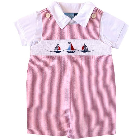 - Good Lad Infant Boys Red Seersucker Smocked Shortall Set with Nautical Theme