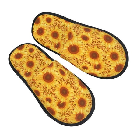 

KLL Vintage Leopard Print Sunflower Slippers for Women Men House Slip on Indoor Outdoor Bedroom Furry Fleece Lined Ladies Comfy Anti-Skid Rubber Hard Sole-Large
